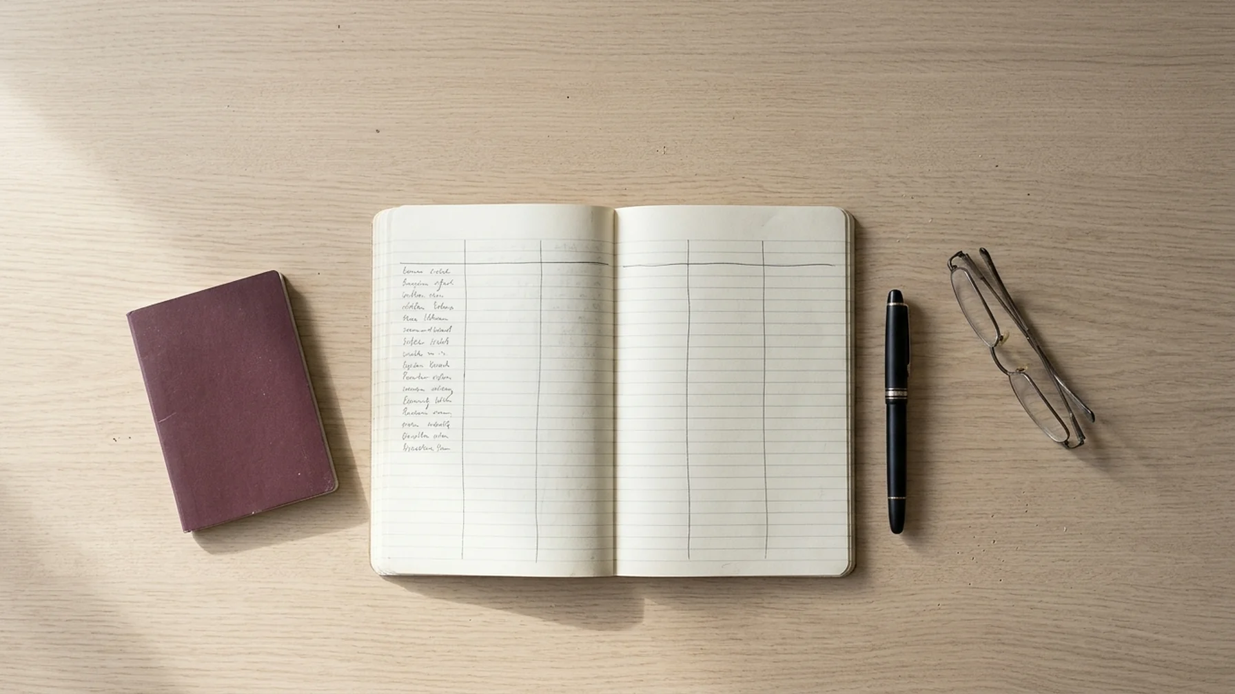 Notebook on a wooden desk with a printed country comparison chart, a passport and a pen, morning light from a side window